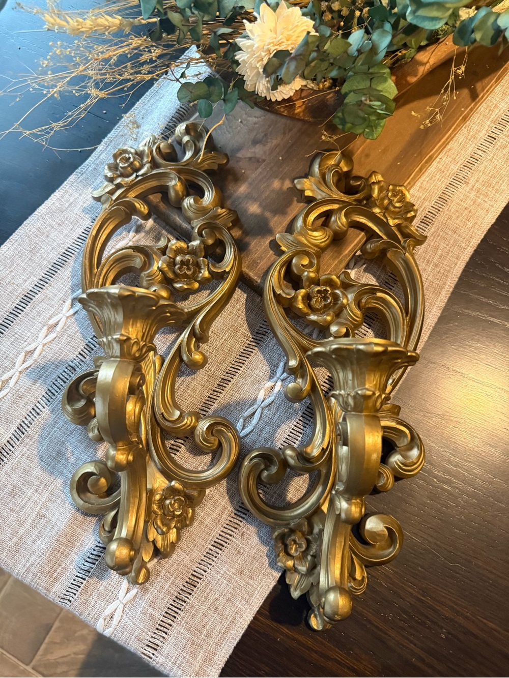 Vintage Set HOMCO Gold Ornate Wall Sconce Candle Holder Hollywood Regency 1971